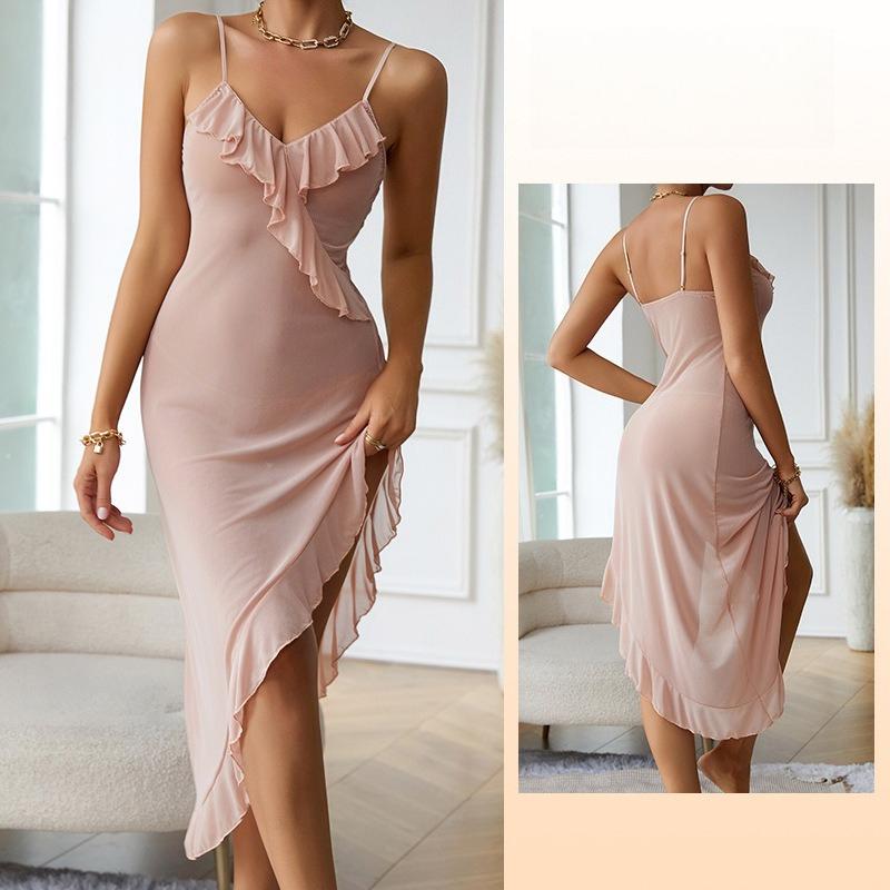 Mesh Ruffle Sheer Nightgown Irregular Hem Multi-Color Sexy Cami Women's Comfortable Loungewear 636 Playful Lightweight Sleepwear Ideal for Summer