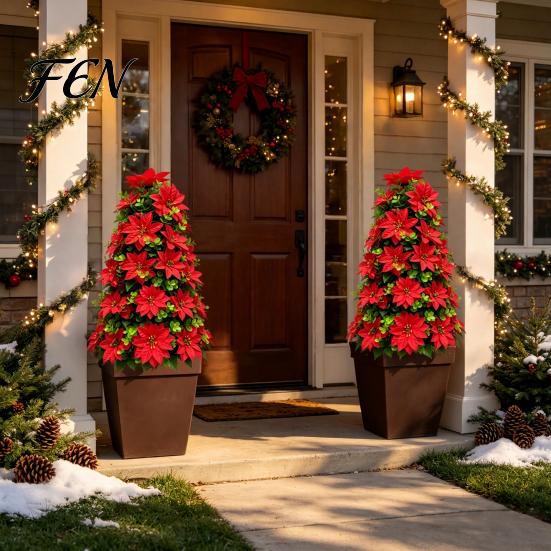 Winter Porch Decor 22" Artificial Poinsettia Flowers with Ground Spikes, Red Christmas Floral Stakes, Waterproof Stakes PVC Simulation Plants