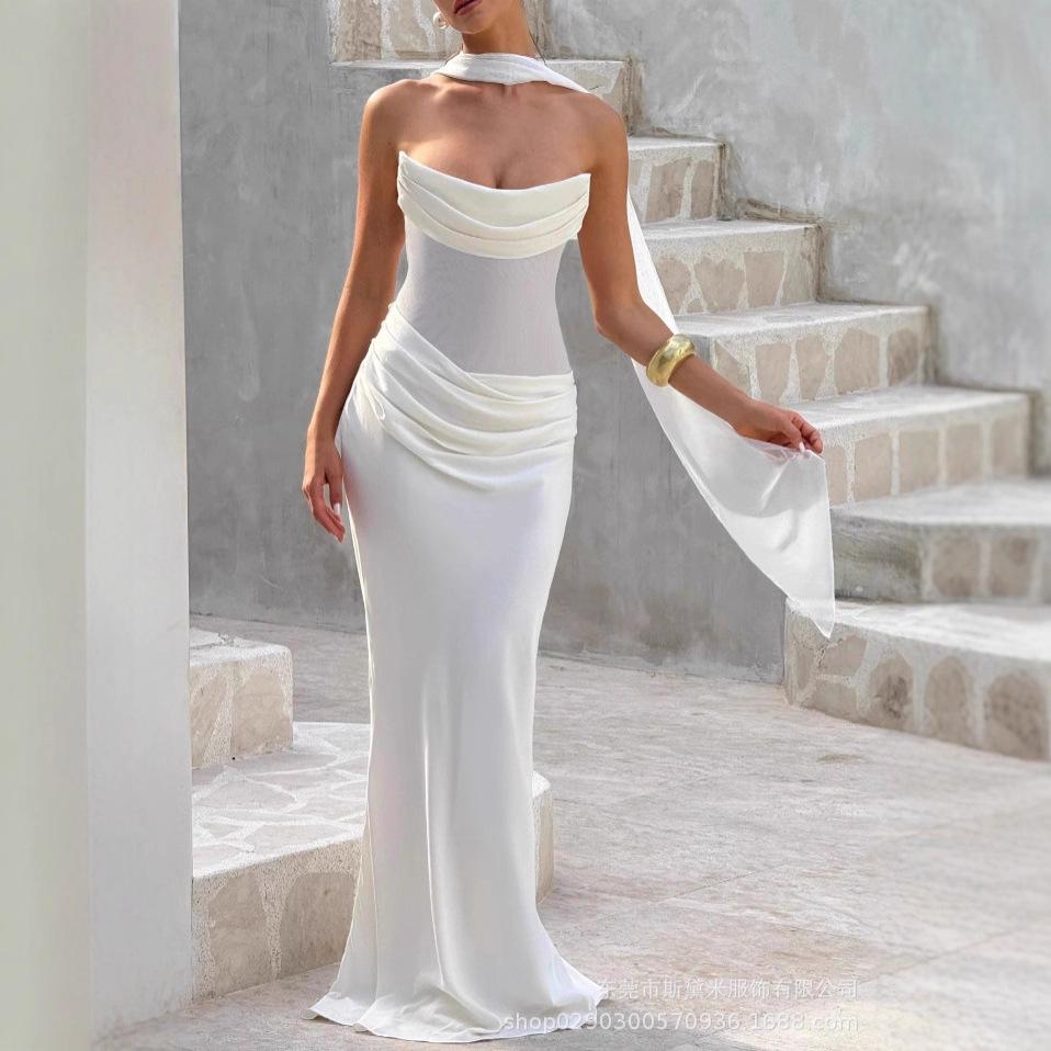 Women Brown Halter Neck Mesh Sleeve Maxi Dress