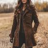 Women's Turn Down Collar Long Sleeve Regular Fit Suede Jacket Zip Button Multi Pocket Vintage Fall Casual Mid Length Outerwear Coat