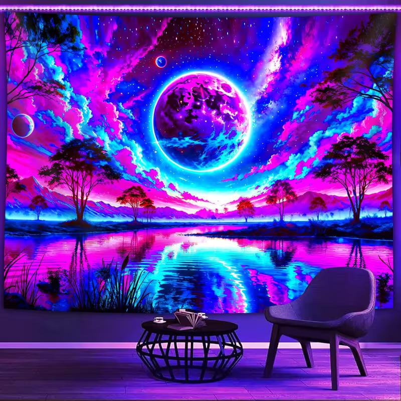 2D Glow in The Dark Moon Lake Tapestry, Blacklight Starry Landscape Wall Hanging for Home Decoration