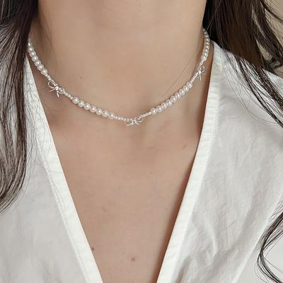 Women's 925 Silver Kitsch Pearl Ribbon Simple Necklace