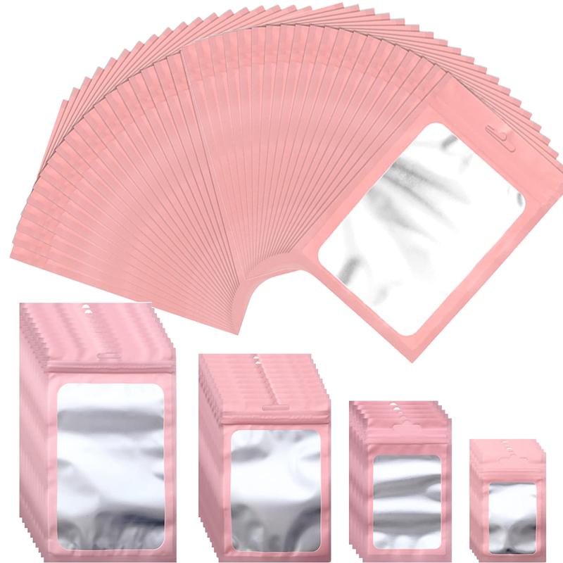 

50pcs Plastic Matte Pink Aluminum Foil Zip Lock Packaging Bag Jewelry Necklace Storage Pouch Small Sachets Food Sample Bags 6X10cm