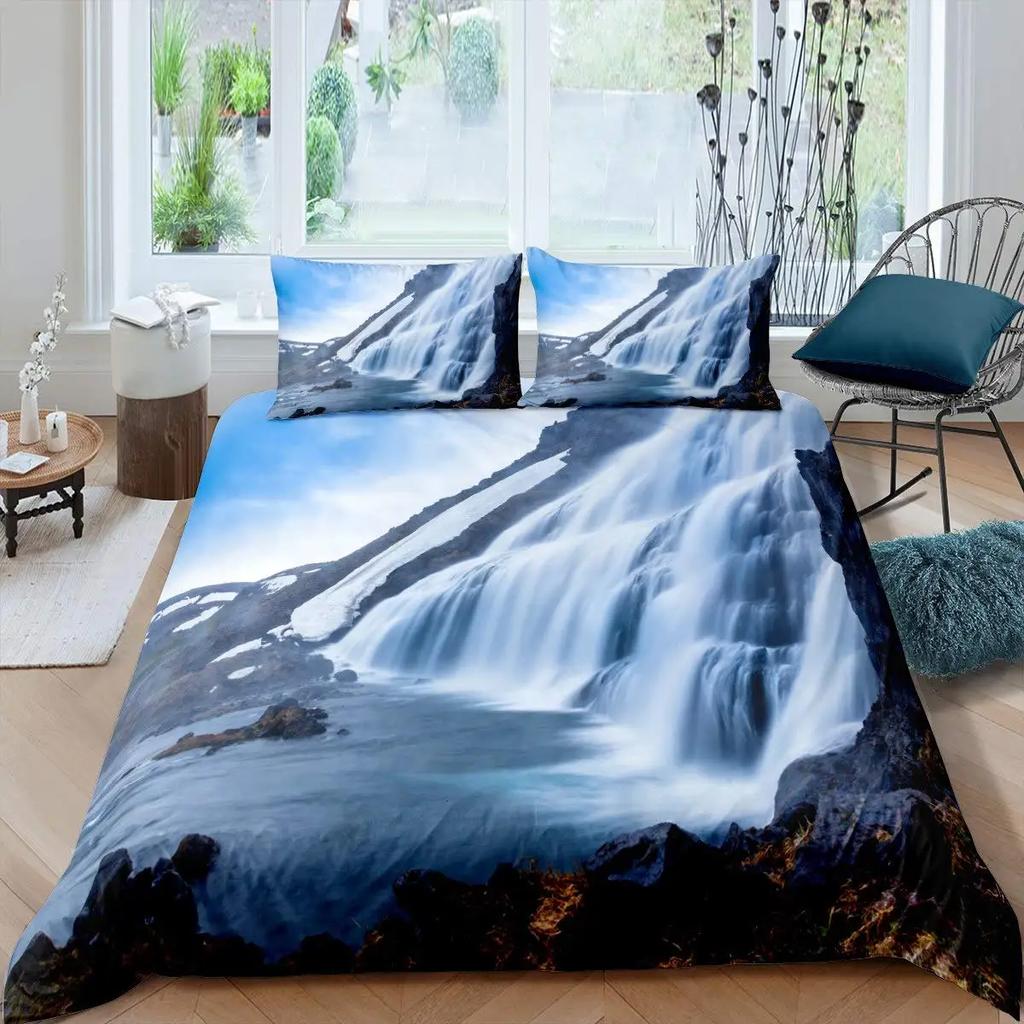 Waterfall Duvet Cover Set Natural Scenery Quilt Cover Pillowcase Landscape Forest Waterfall Queen Size Polyester Bedding Set