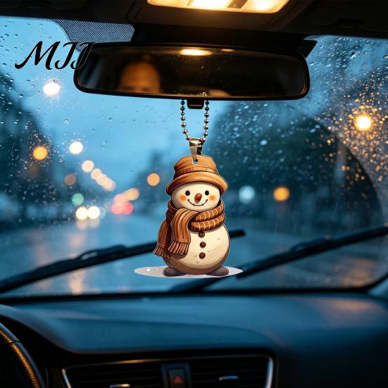 Hand Painted Snowman Keepsake Cute Acrylic Pendant, 2D Flat Car Rearview Mirror Hanging Holiday Pendant Decoration with Keychain Ring, Christmas Tree