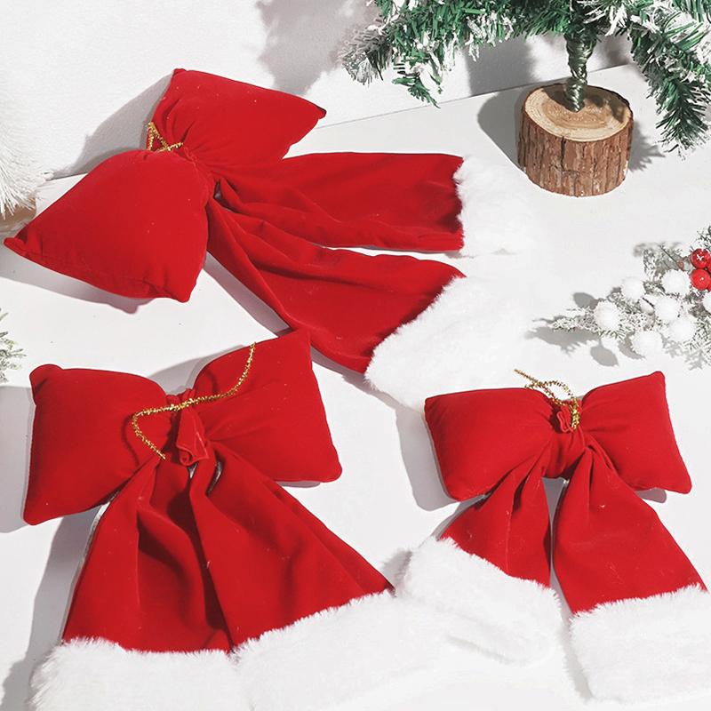 1PC Cotton Padded Bows Home Decor Flannel Christmas Velvet Bow Decoration Thanksgiving With White Fur Trim Holiday Decor 3 Sizes