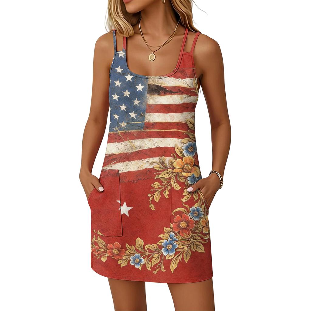 Women's Casual Sleeveless Dress Double Strap Pocket Dress Independence Day Print Sleeveless Summer Dress