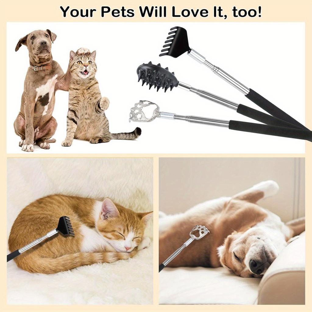 3-Piece Perfect Gift Set for People & Pets-Extendable Back Scratcher & Pet Massager, Stainless Steel Adjustable Handle for Easy