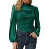 Fall New Women's Solid Color High Neck Pleated Slim Fit Long Lantern Sleeve T-shirt, European & American Style Casual Top for Women