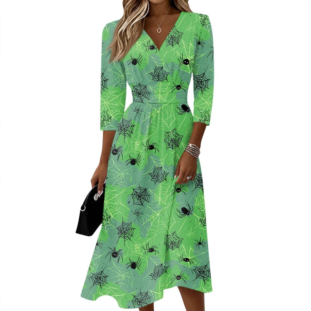 Women's Casual V-Neck Three-Quarter Sleeve Dress with Back Zipper