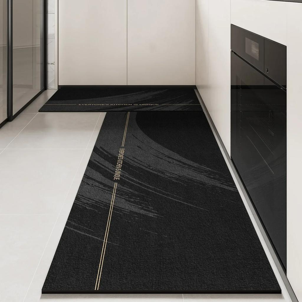 Kitchen Floor Mat Pvc Waterproof Leather Carpet Black Carpets Long Foot Mats Non-slip Oil-proof Modern Home Decoration Rug