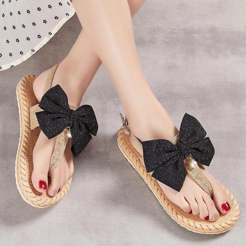 Order A Size Up New Women's Elegant Bowknot Sandals Lightweight Non-slip Summer Flats for Beach Vacation