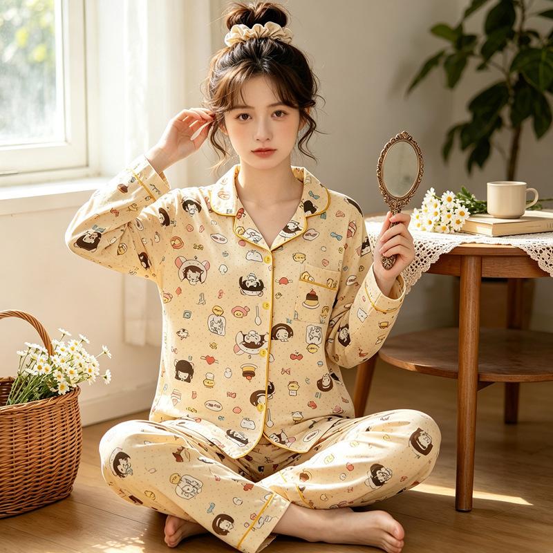 Natal year pajamas women's spring and autumn new imitation cotton long-sleeved red cute cartoon loungewear two-piece set