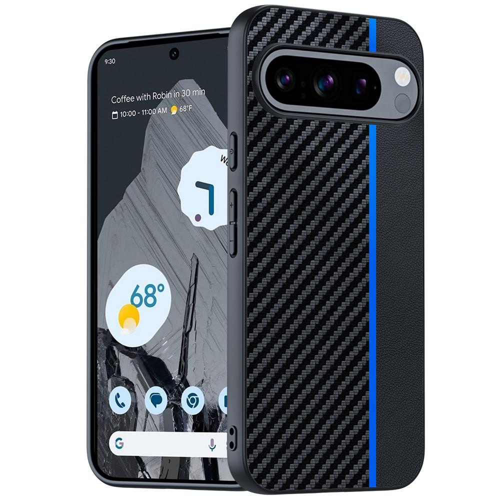 

For Google Pixel 9 Pro/Pixel 9 Case Carbon Fiber Texture Thin PU Leather Back Cover Black/Blue