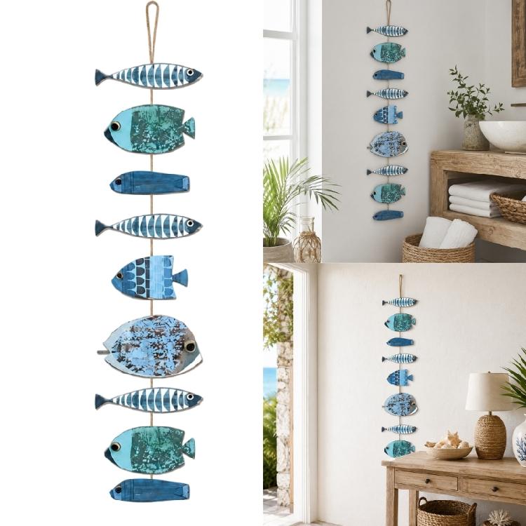 Multicolor Distressed Fish Wall Sculpture Decors, Painted Wooden Beach Coastal Hanging Sign for Bathroom Bedroom Living Room Entryway
