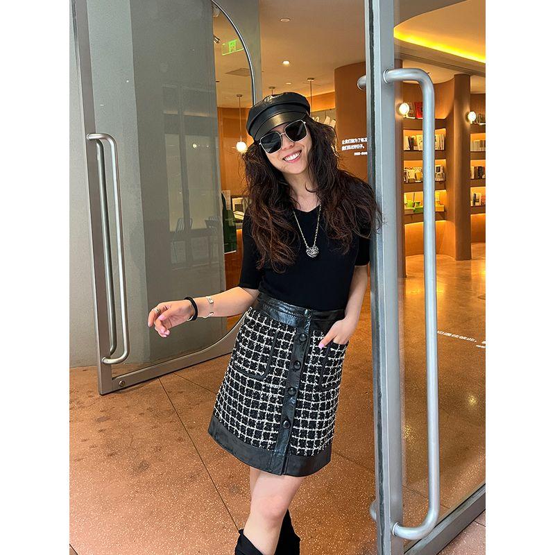 

Blacknini Yin Huafu/Black and White Leather Patchwork Jin Mouth A- line Tweed Plaid Matching Sheepskin Classic Style Skirt Plaid L