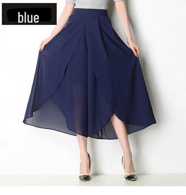 

Женские летние брюки 2025 года из шифона с высокой талией и широкими штанинами, с сетчатой юбкой, утягивающие и легкие 2XL темно-синий