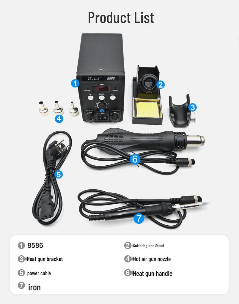 JCD 8586D 2-in-1 Soldering Station: Adjustable Hot Air Gun, Repair & Desolder Tool with Digital Display for Mobile Phone Repair & Welding
