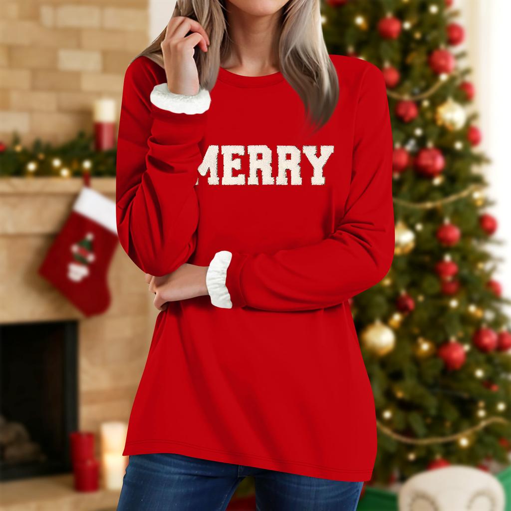 Women's Round Neck Top Printing Thickened Plush Cashmere Warm Long Top