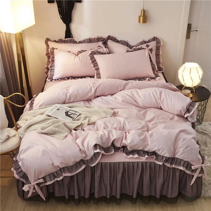 Luxury Black Princess Bedding Sets Kawaii Bed Skirt Sheet Pillowcase Fashion Girl Duvet Cover 4 Pieces Home Decoration