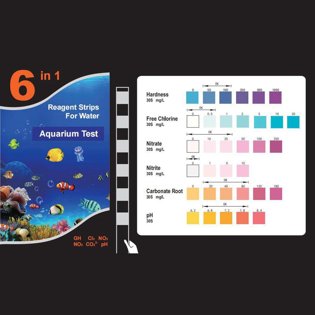 Tiras de prueba para acuario 6 en 1, kit de prueba para acuarios, tiras de prueba para medir pH, nitrito, nitrato, dureza general y carbonatos.