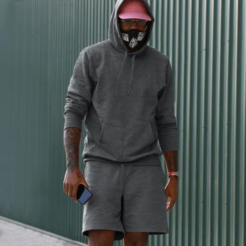 Men's Fleece Hoodie Shorts Two-piece Loose Solid Color Casual Sports Men's Suit