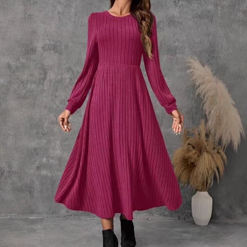 2025 Autumn/Winter Women s Solid Color Round Neck A-line Knit Long Sleeve Dress M красный/фиолетовый