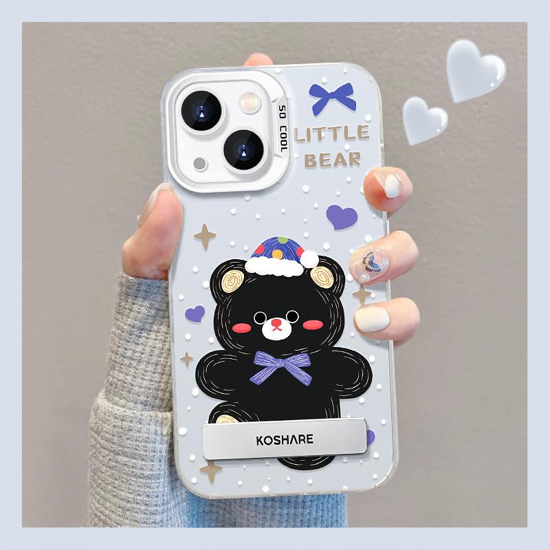Applicable To Apple 14 Mobile Phone Case Iphone15pm Polka Dot Black Bear Invisible Bracket 13 Colored Silver Matte 12 Women