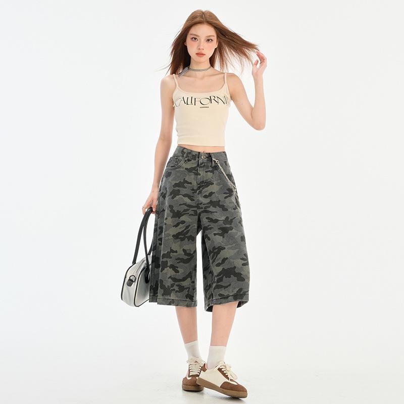 

2025 Summer Women s Camouflage Wide-Leg Jeans, Loose Straight Mid-Length Slimming Pants Large