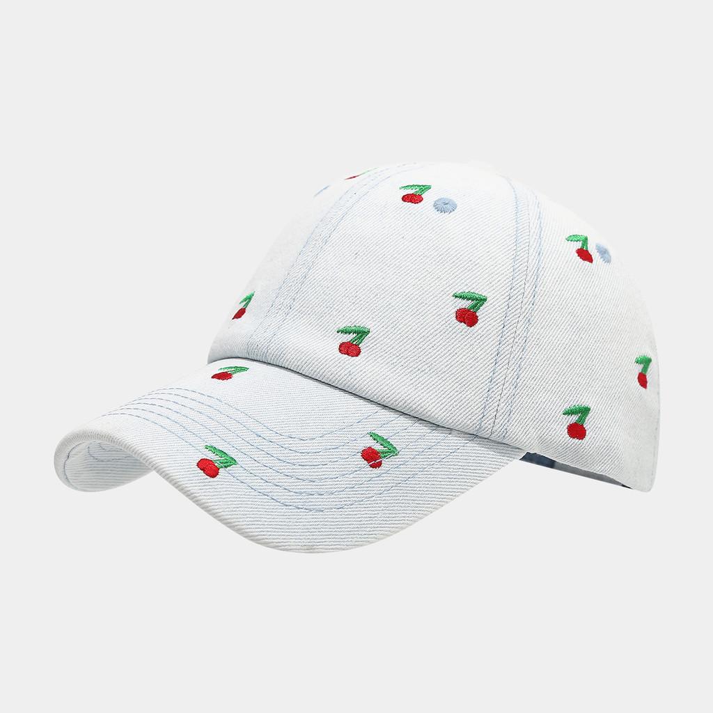 Cherry Embroidered Denim Baseball Cap With Adjustable Strap For Casual Men Women Spring Autumn LightBlue