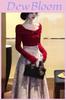 Butterfly Love Spring Autumn Knit Red Top High Waist Tie Floral Long Skirt Set For Women