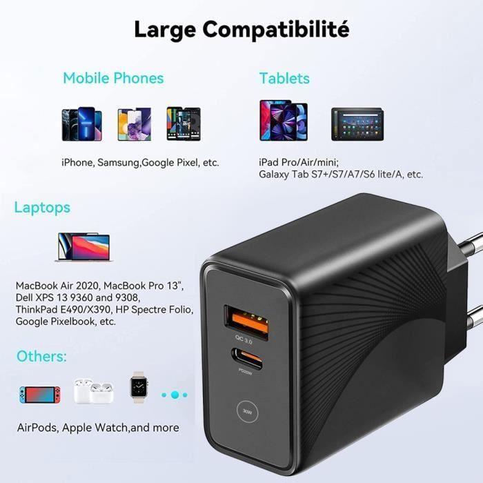 30W Fast Wall Charger - iPhone - 2 USB Ports - Black - Compatible iPhone 16 - Secure