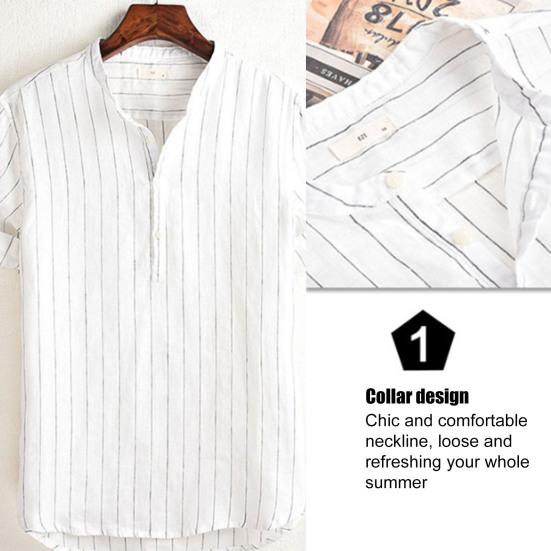 Męska koszulka z krótkim rękawem w paski z dekoltem w serek, stójką, casualowy T-shirt, odzież męska