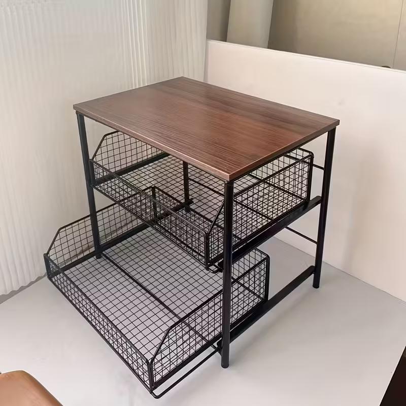 1pc Space-Saving Kitchen Countertop Organizer with Drawer and Metal Basket - Sturdy Solid Wood and Metal Multi-Layer Storage
