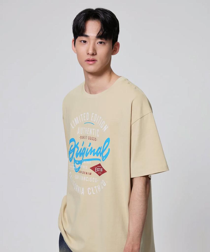 AGOD Original Camping Lettering Short Sleeve T-Shirt [Light Beige]