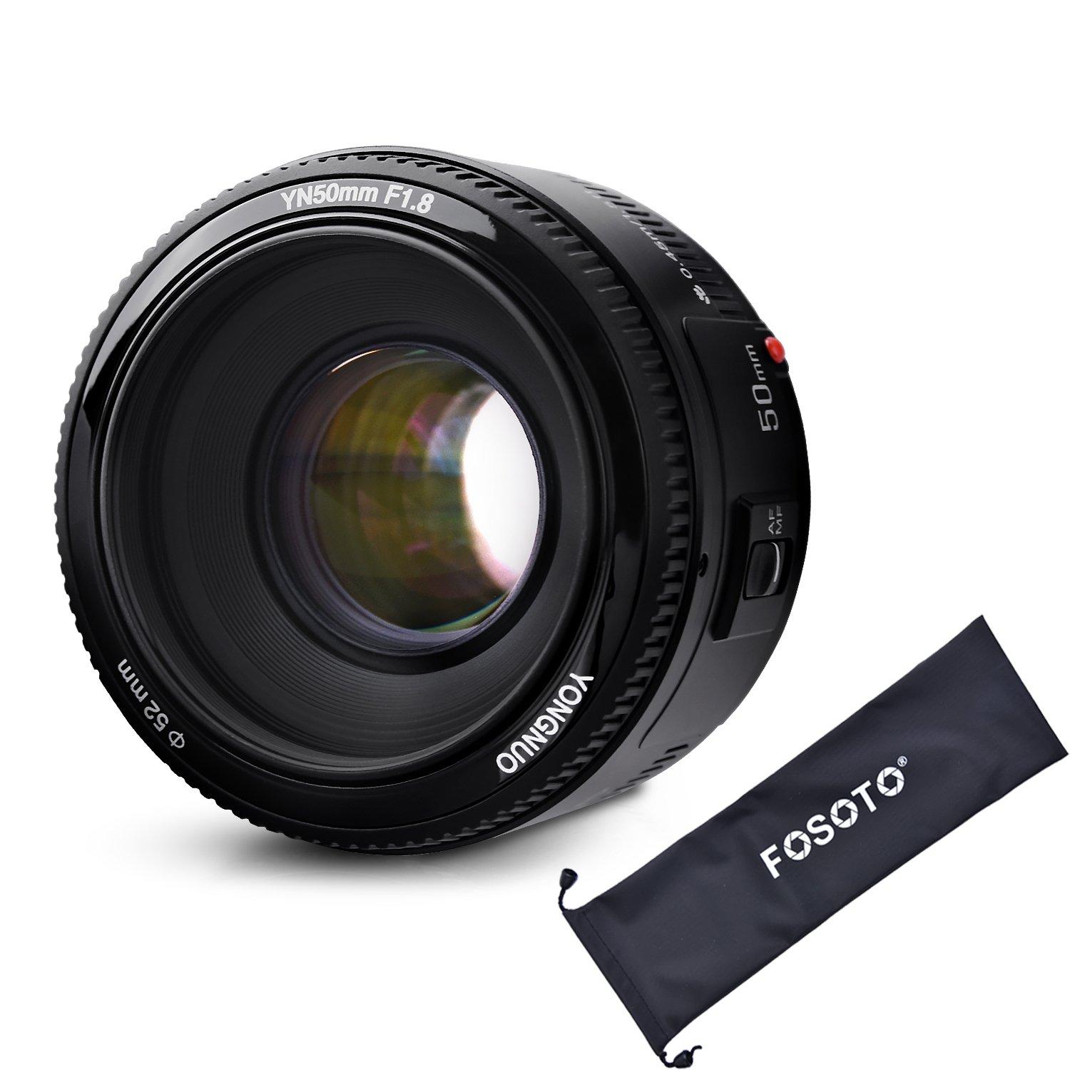 Yongnuo YN EF 50mm AF Prime Lens for Large Aperture Compatible with EOS Kiss Includes FOSOTO Lens Bag f/1.8 Canon, Autofocus, x5, x7i, x6i, x8i,