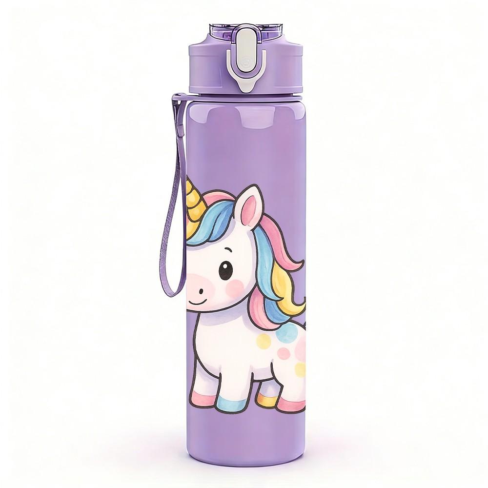 1PC White Unicorn Fantasy Cartoon 750ml Color Plastic Sports Water Bottle Leakproof Flip Straw Lid Suitable for Sports Office Home Use