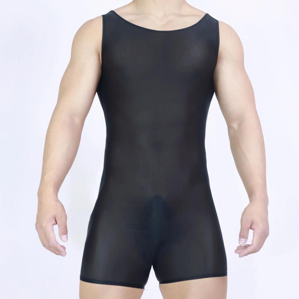 Sexy Men Playsuit Stain Smooth Bodysuit One Pieces Thong Elastic Tights Oil Glossy Shiny Yoga Shaping Maid Leotard Tank Top