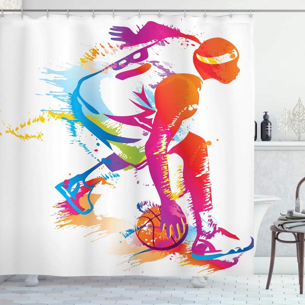 3D Basketball Shower Curtain Sets For Boys Teens Athlete Gym Theme Sports Bathroom Curtain Polyester Waterproof Shower Curtain