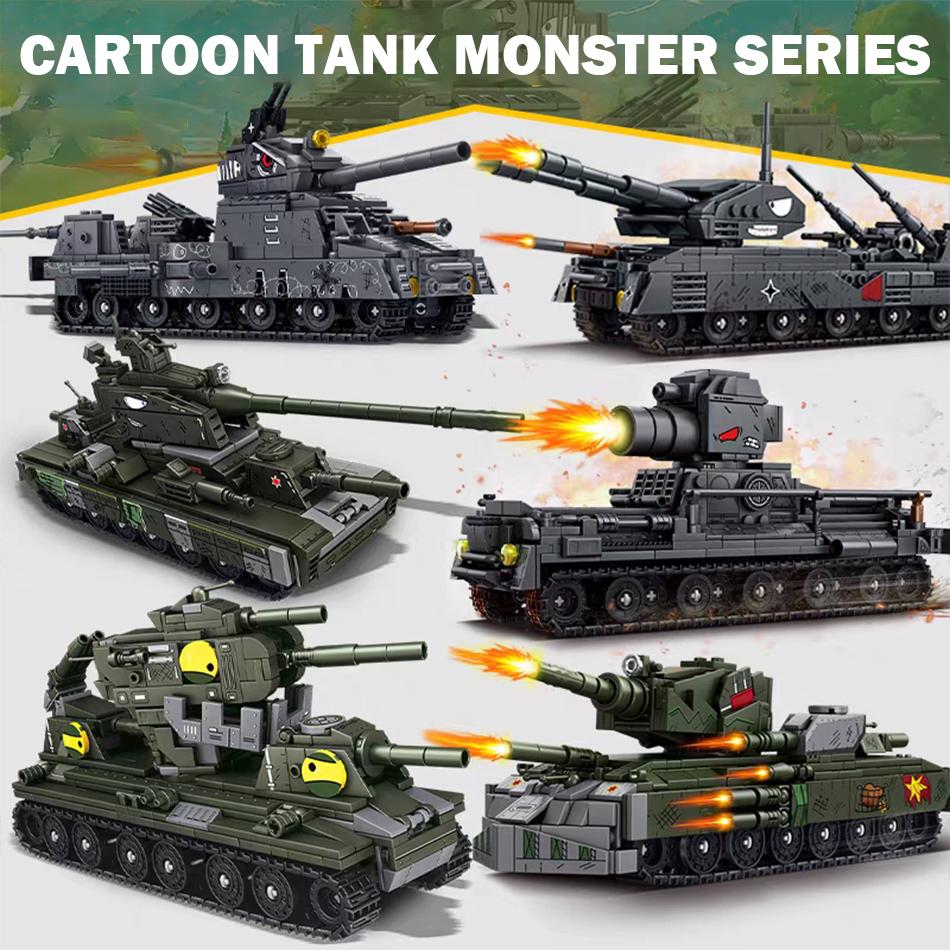 WW2 Military Cartoon Tank Monster Germany Karl Gerat Railway Gun P1000 Soviet KV 44 Model Building Blocks Bricks Toys Kids Gifts