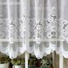 Cute white lace cafe curtains, 60cm long, for small windows. Stylish embroidered floral pattern. Perfect for privacy and short curtains for coffee