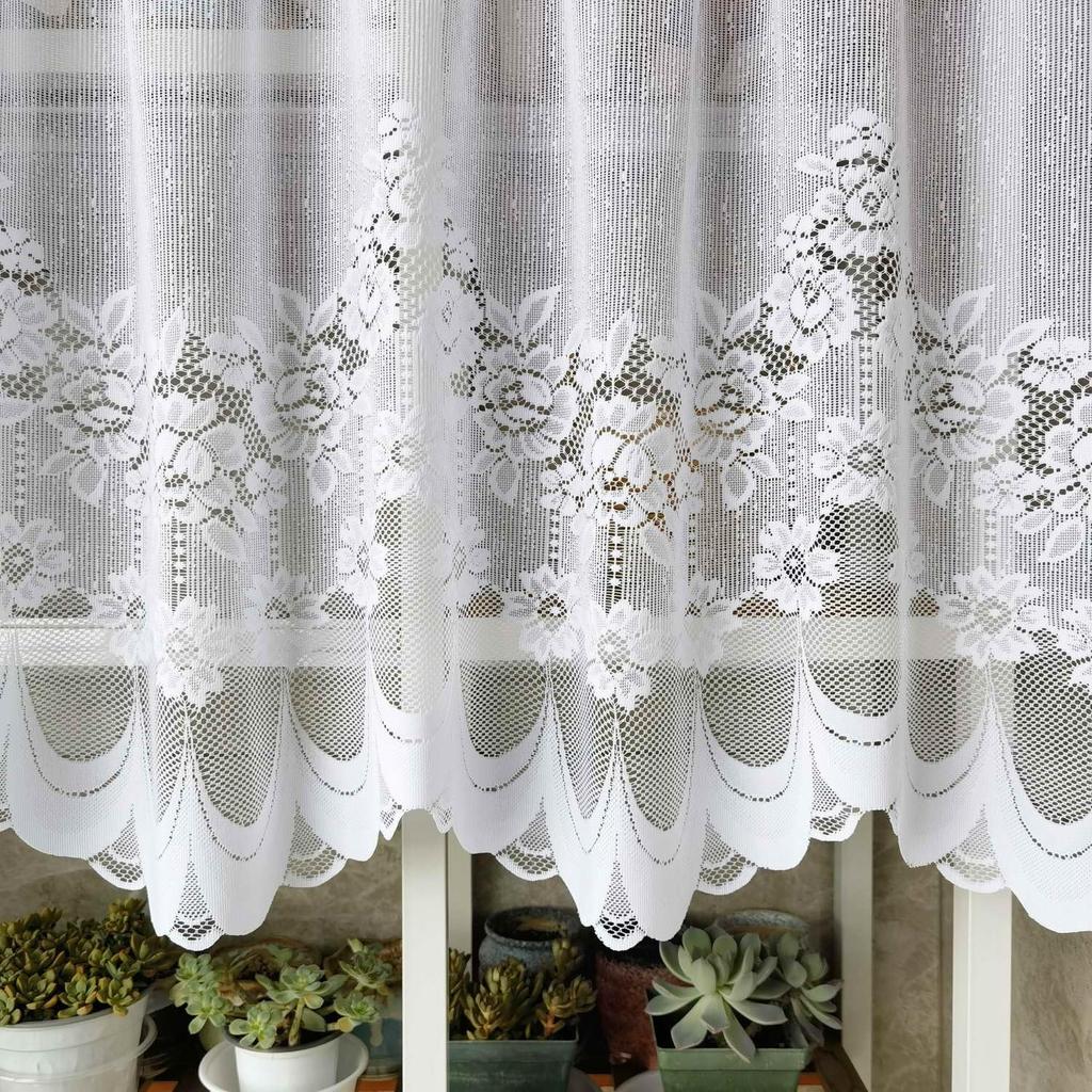 Cute white lace cafe curtains, 60cm long, for small windows. Stylish embroidered floral pattern. Perfect for privacy and short curtains for coffee