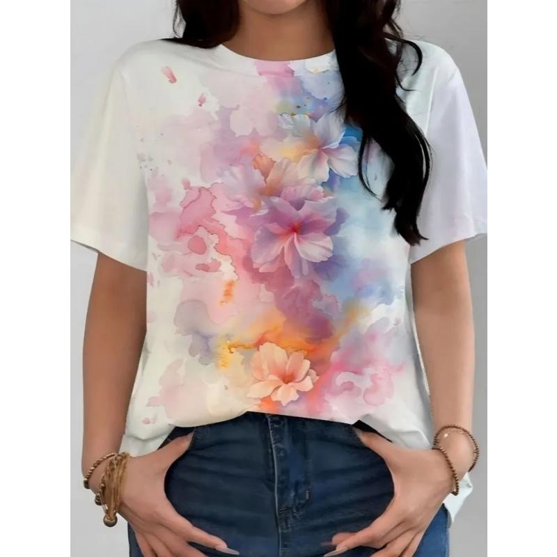 Fashion Women's Crew Neck Short Sleeve 3D Casual Color Printing Casual Short Sleeve Crew Neck T-Shirt