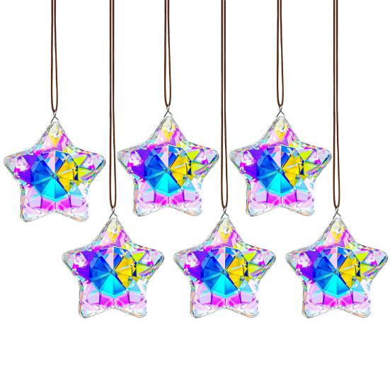 Yousheng 1/6Pcs Faux Crystal Star Suncatcher Decoration Indoor Outdoor Garden Window Wall Hanging Rainbow Maker Clear Five-pointed Star Ornament