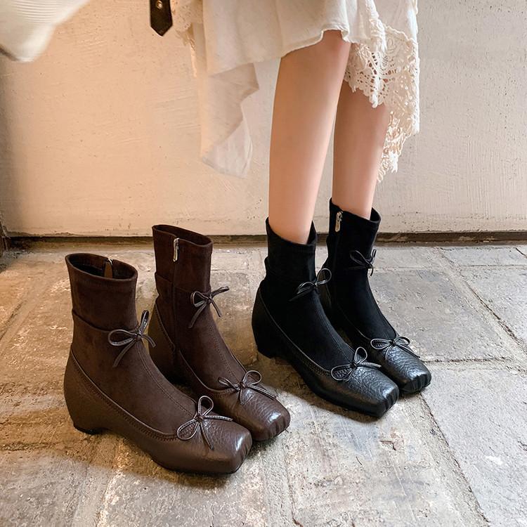 Sheepskin Version~ Retro Ballet Style Bow Thin Boots Women's French Autumn and Winter New Pig Nose Thick Heel Short Boots