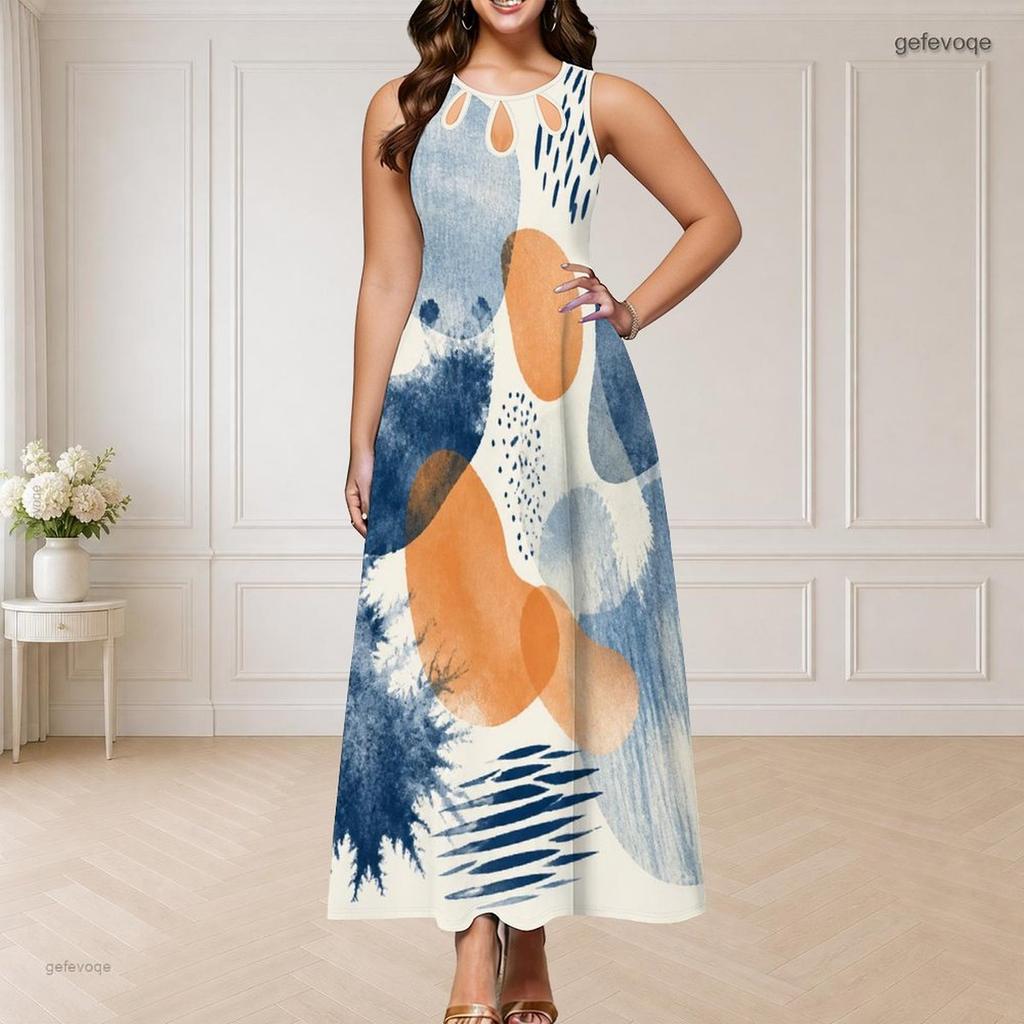 Women Plus Size Round Neck Triple Keyhole Cutout Sleeveless Abstract Floral Leaf Printed Long Dress