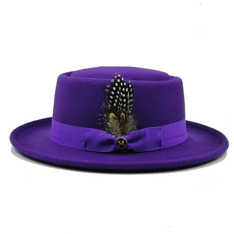 Vintage Pork Pie Hat Men feather fedora hat Webbing Decorative flip-brim Felt hats Panama Gentlemen women Church Jazz Hat