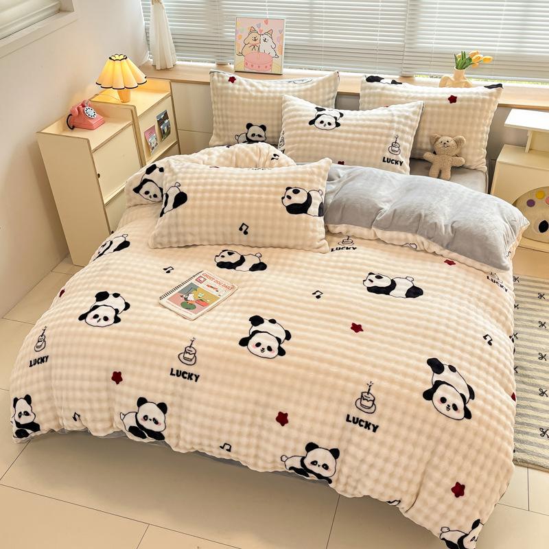 Light luxury thickened milk fleece four-piece set imitation rabbit fleece carved quilt cover high-end bed sheet household warm bedding three-piece set