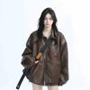 Retro Ladies Fashion Zipper Faux Leather Jacket Spring Autumn Women Long Sleeves Leather Coat Female PU Leather Outwear