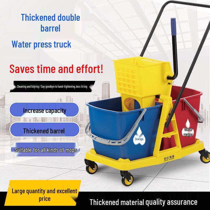 White Cloud Hands-Free Double Bucket Mop Cart for Water Wringing